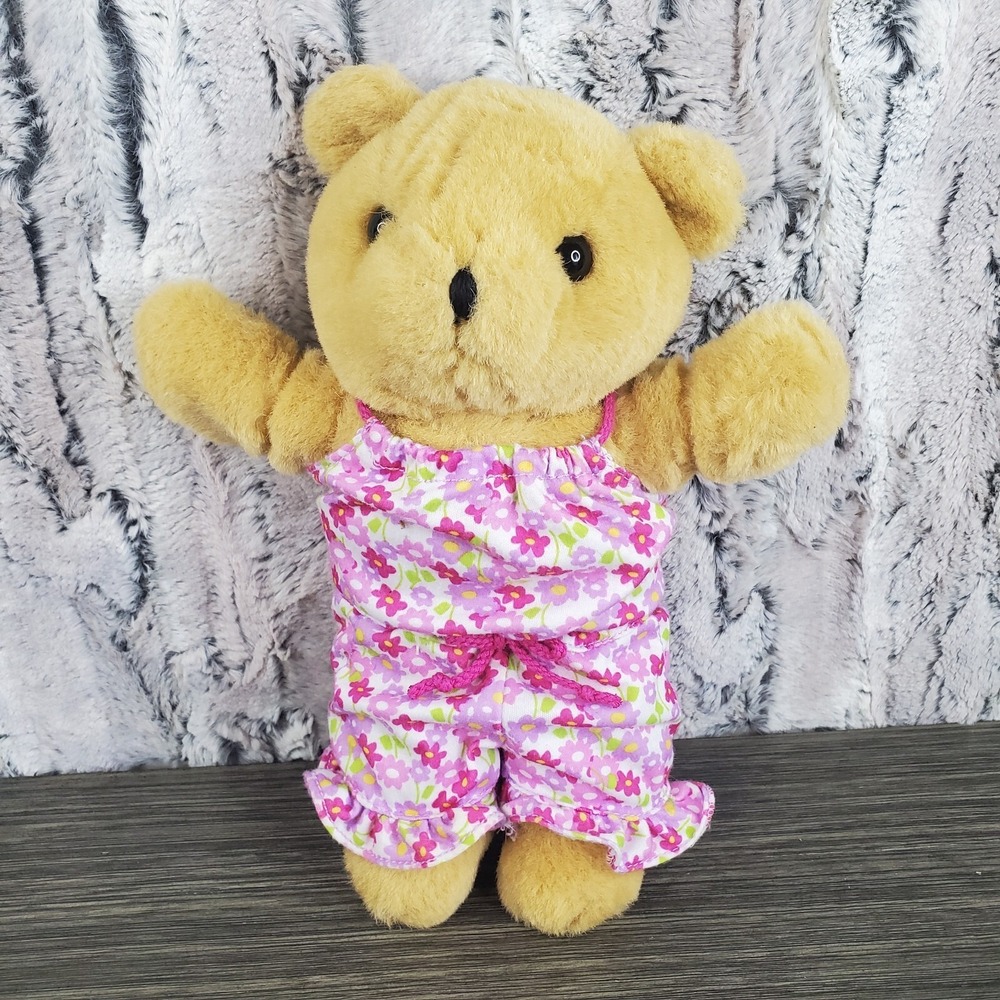 10" Tan Teddy Bear Dressed In Removable Pink Spring Floral Romper Flowers